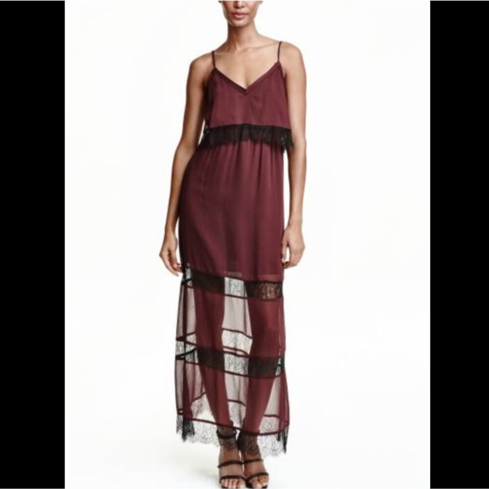 H&M Maroon Chiffon Dress with Black Lace size 4
